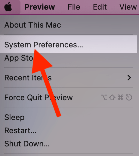 A red arrow pointing to System Preferences