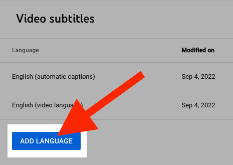 A red arrow pointing to the ADD LANGUAGE button
