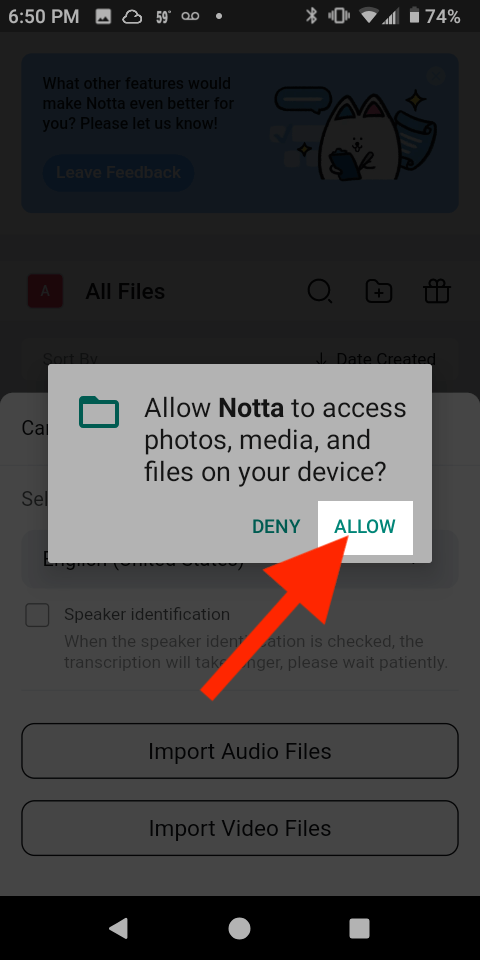 A red arrow pointing to the Allow button