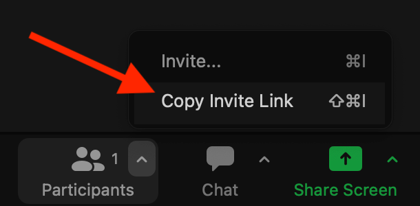 A red arrow pointing to the Copy Invite Link button