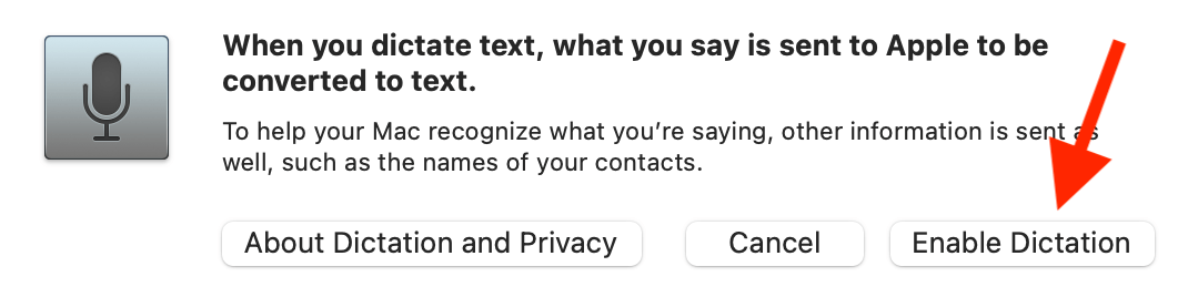 A red arrow pointing to the Enable Dictation button