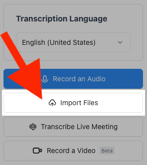A red arrow pointing to the Import Files button