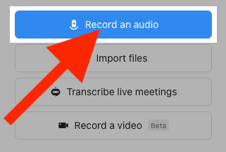 A red arrow pointing to the Record an Audio button