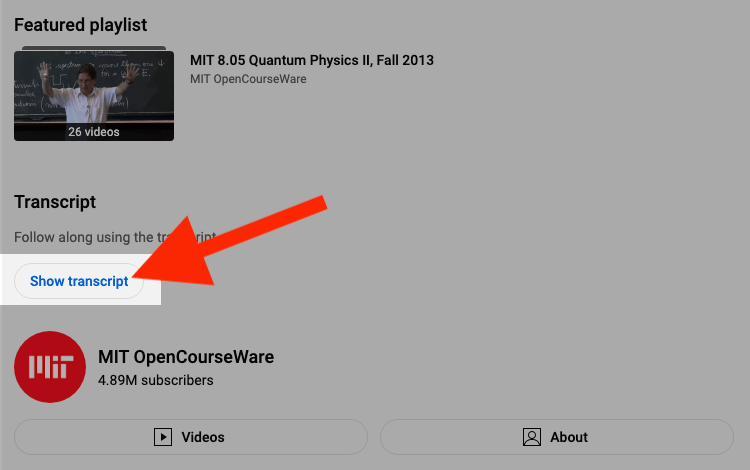 A red arrow pointing to the Show transcript button