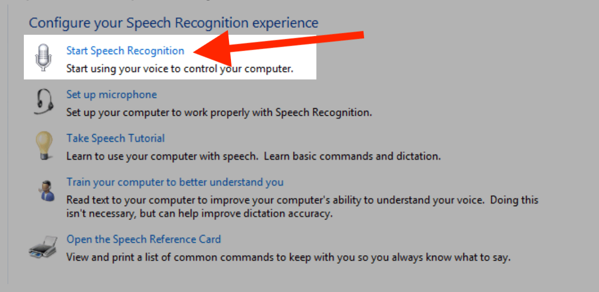 A red arrow pointing to the Start Speech Recognition option
