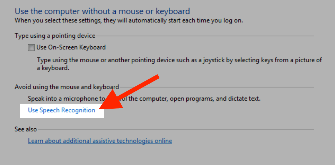 A red arrow pointing to the Use Speech Recognition option