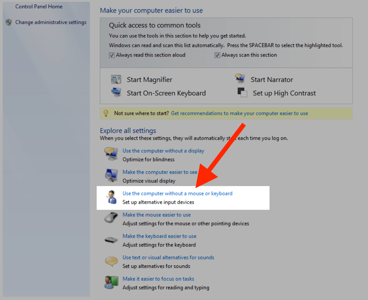 A red arrow pointing to the Use the computer without a mouse or keyboard option