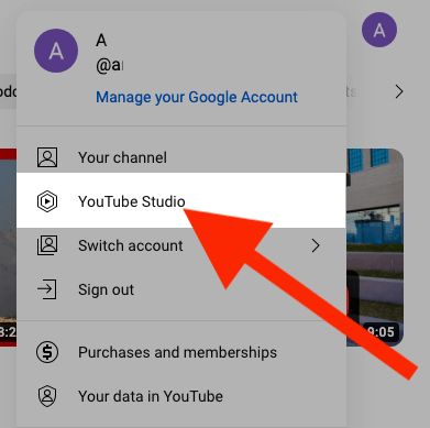 A red arrow pointing to the YouTube Studio button