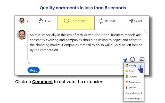 A screenshot of Engage AI generating a LinkedIn comment