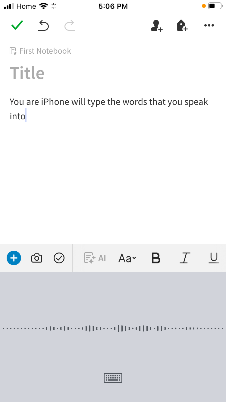 A screenshot of Evernote after Dictation has been used
