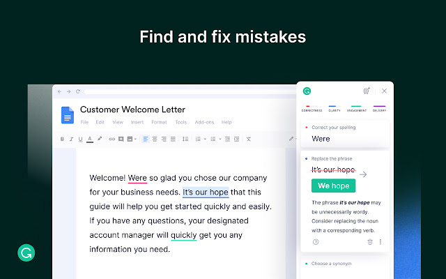 A screenshot of Grammarly correcting a user’s writing