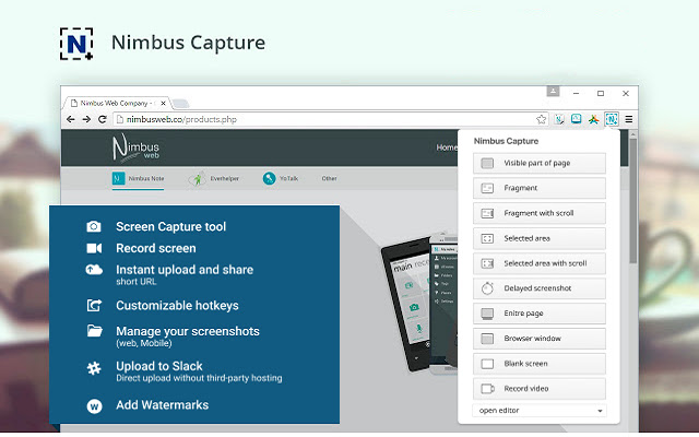 A screenshot of Nimbus with a list of features