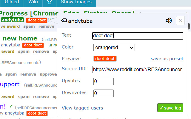 A screenshot of the extension editing a user’s profile