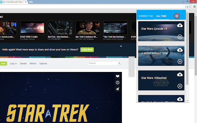 A screenshot of the extension showing available Vimeo videos for download