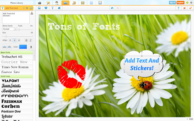 A screenshot of the extension showing how to add text and stickers