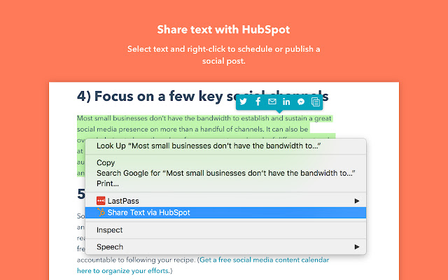 A screenshot of the Share Text via Hubspot button