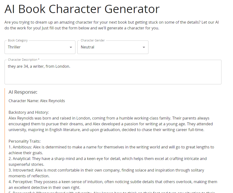 A text based character profile created from a text prompt