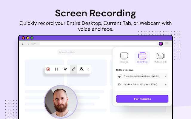 A user setting up the extension to record both screen and webcam at the same time