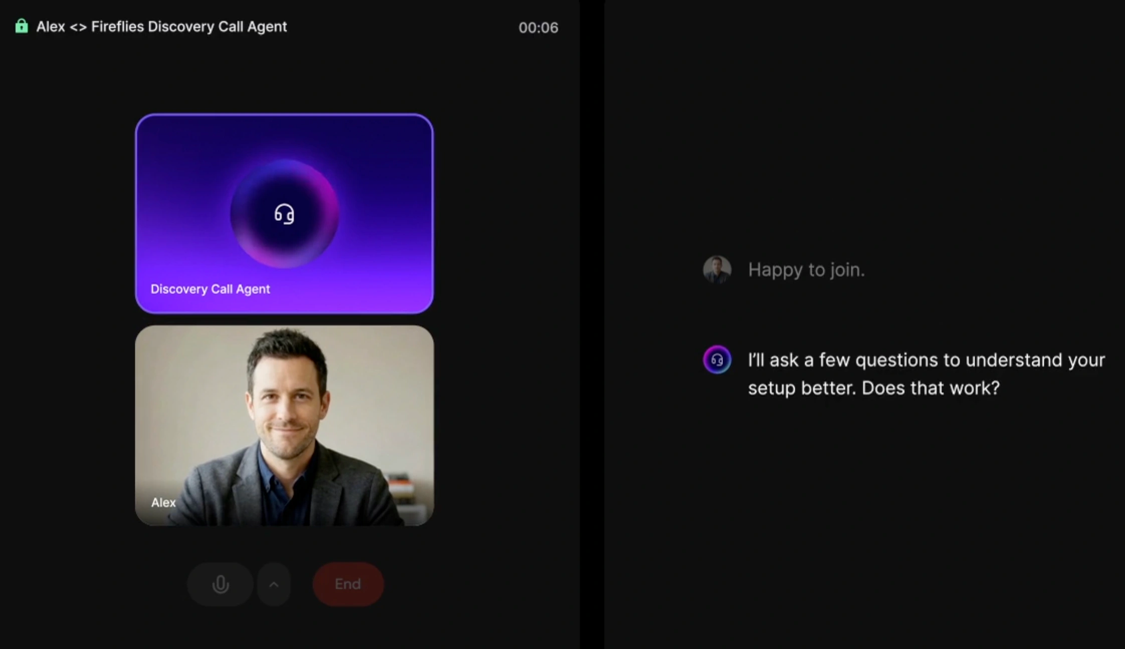 Interface Fireflies.ai Voice Agents pour les appels structurés