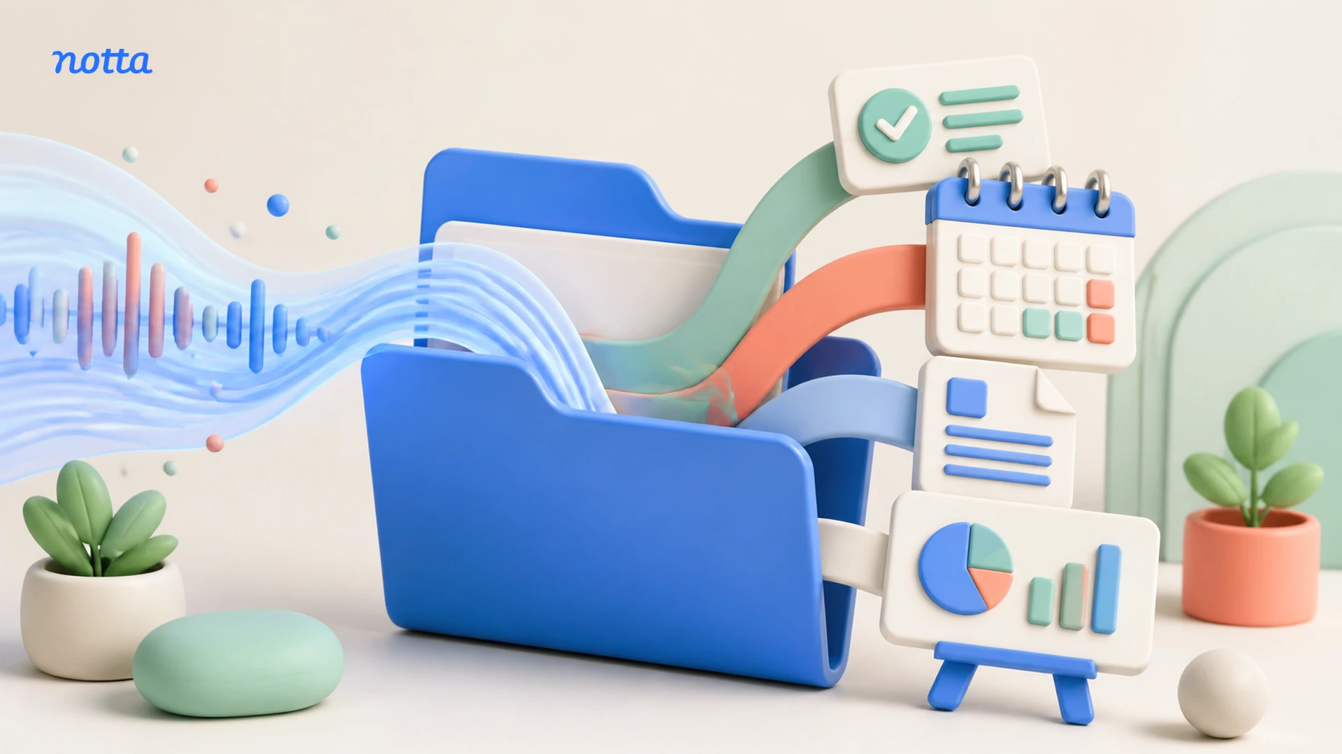 Illustration of meeting audio becoming project tasks, deadlines, documents, and reports