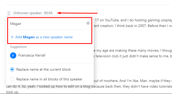 Adjusting speaker names in your Notta transcript