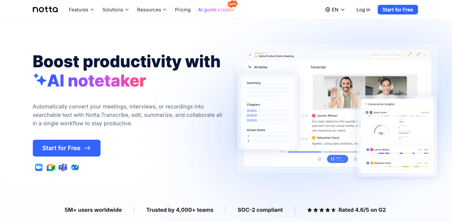 Notta AI meeting notetaker homepage