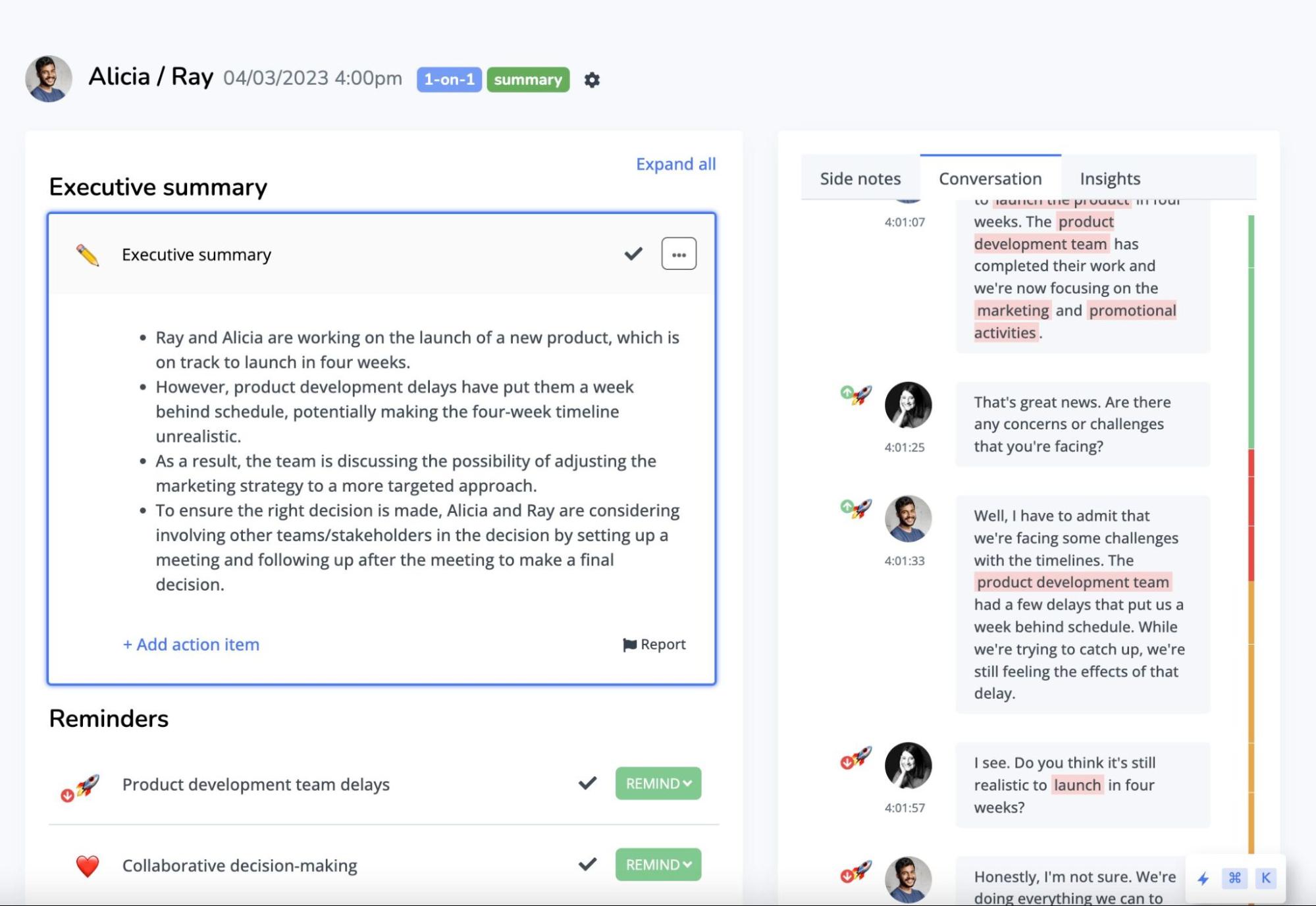 Screenshot of Nyota AI meeting assistant executive summary