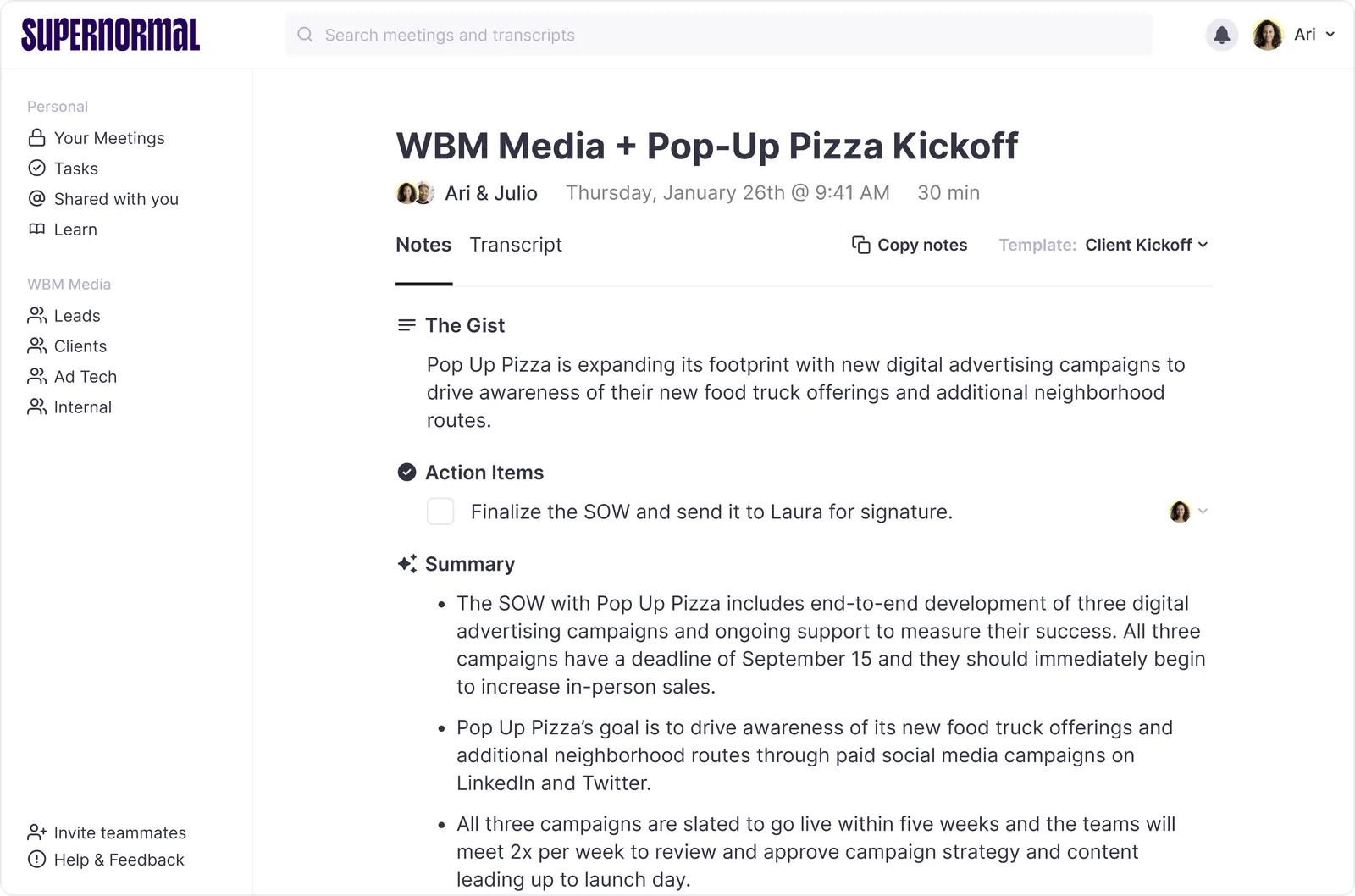 Screenshot of Supernormal AI meeting assistant notes and summary
