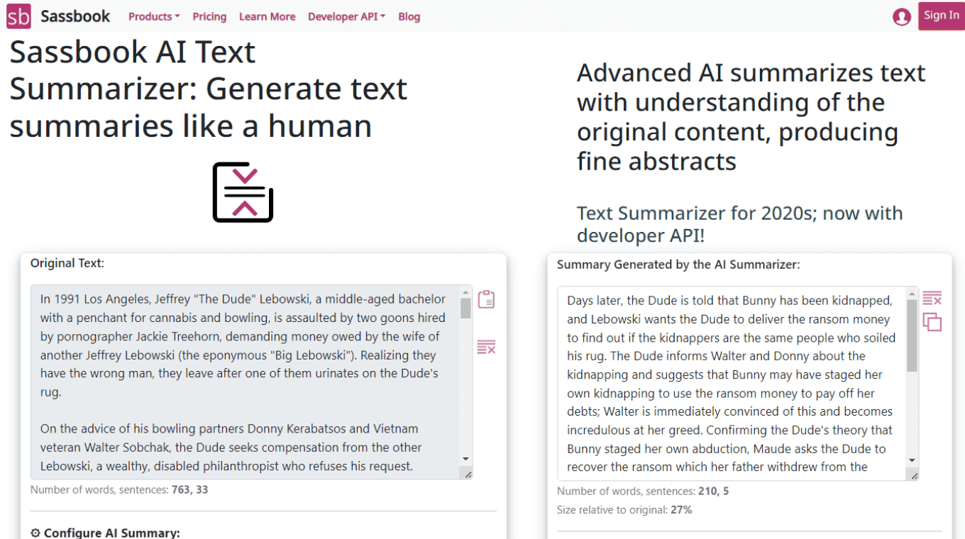 Sassbook AI Text Summarizer to generate human-like text