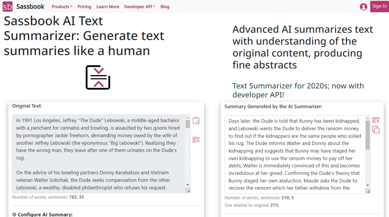Sassbook AI Text Summarizer per generare testo simile a quello umano
