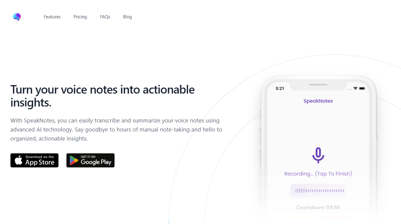 SpeakNotes summarizer for mobile devices