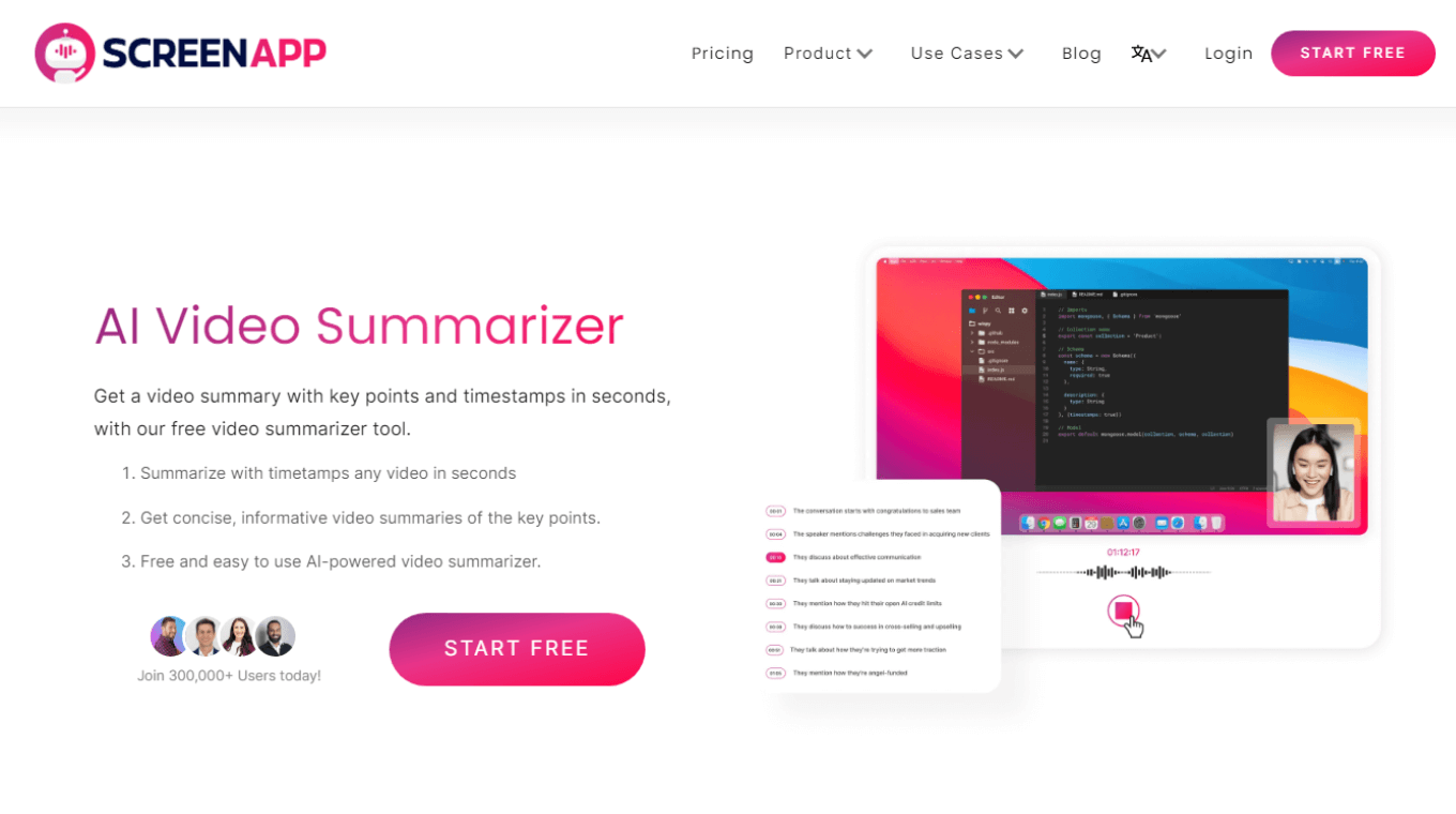 ScreenApp AI Video Summarizer for key points and timestamps