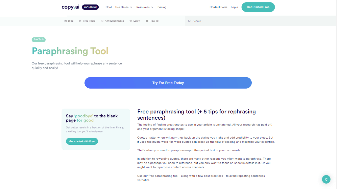 Copy AI paraphrasing tool