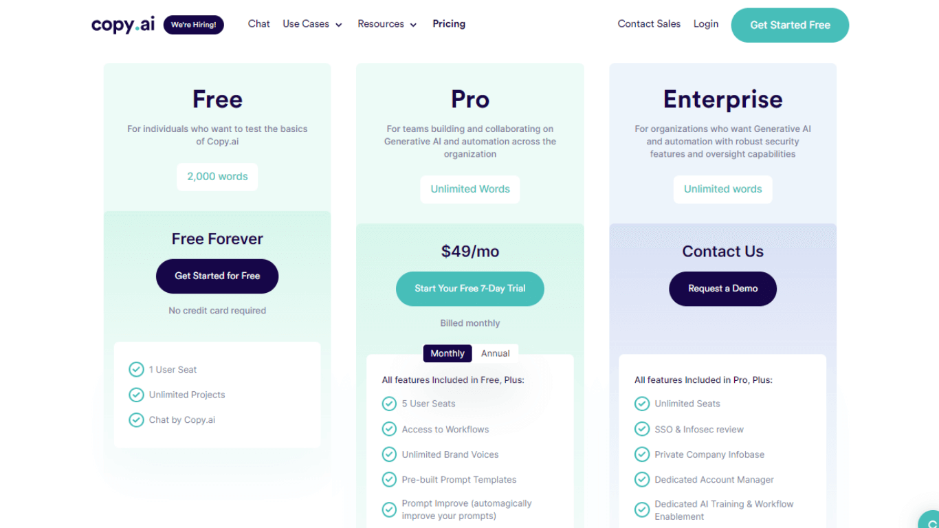 Copy AI pricing and plans