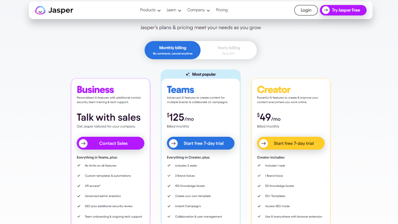 Jasper AI pricing and plans