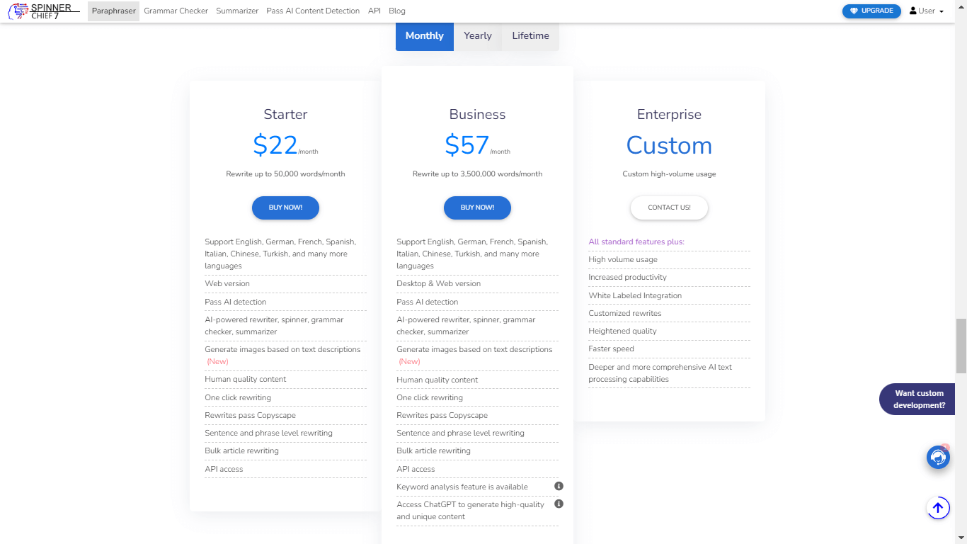 SpinnerChief monthly pricing and plans