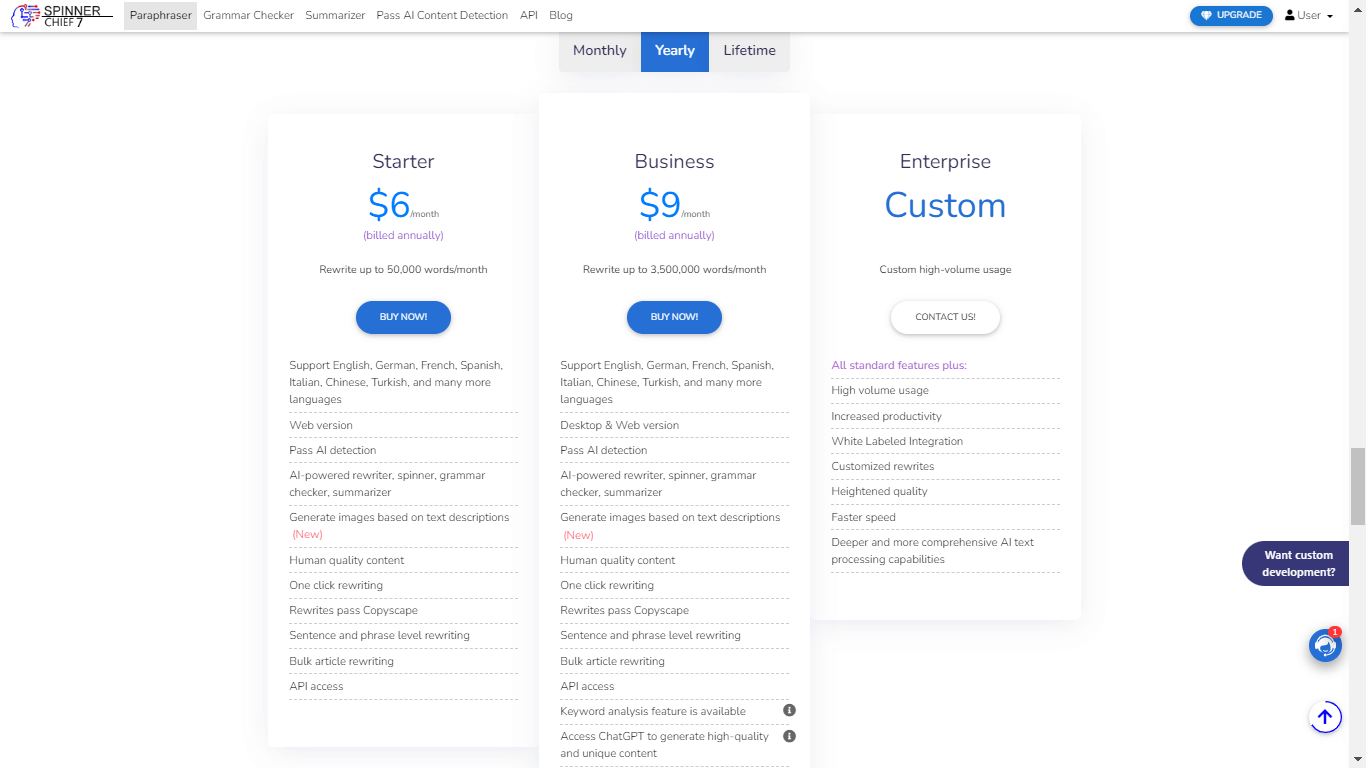 SpinnerChief yearly pricing and plans