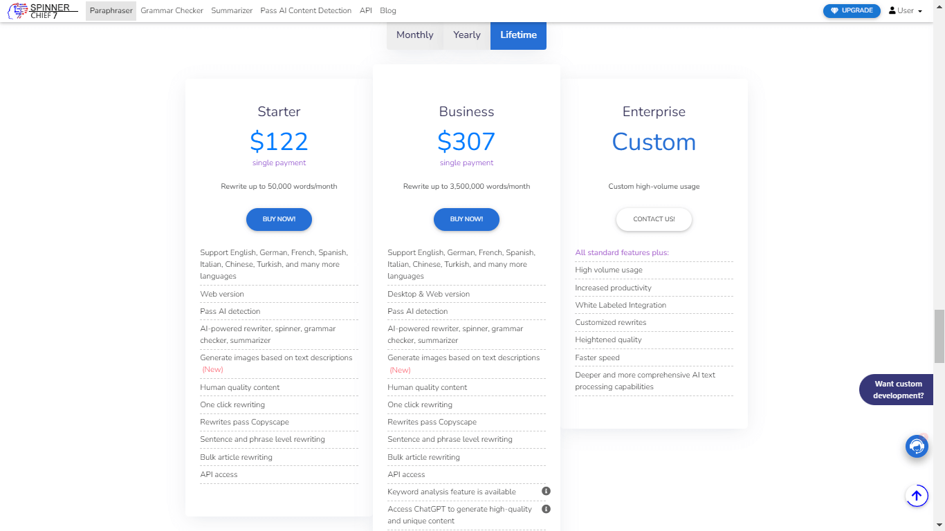 SpinnerChief lifetime pricing and plans