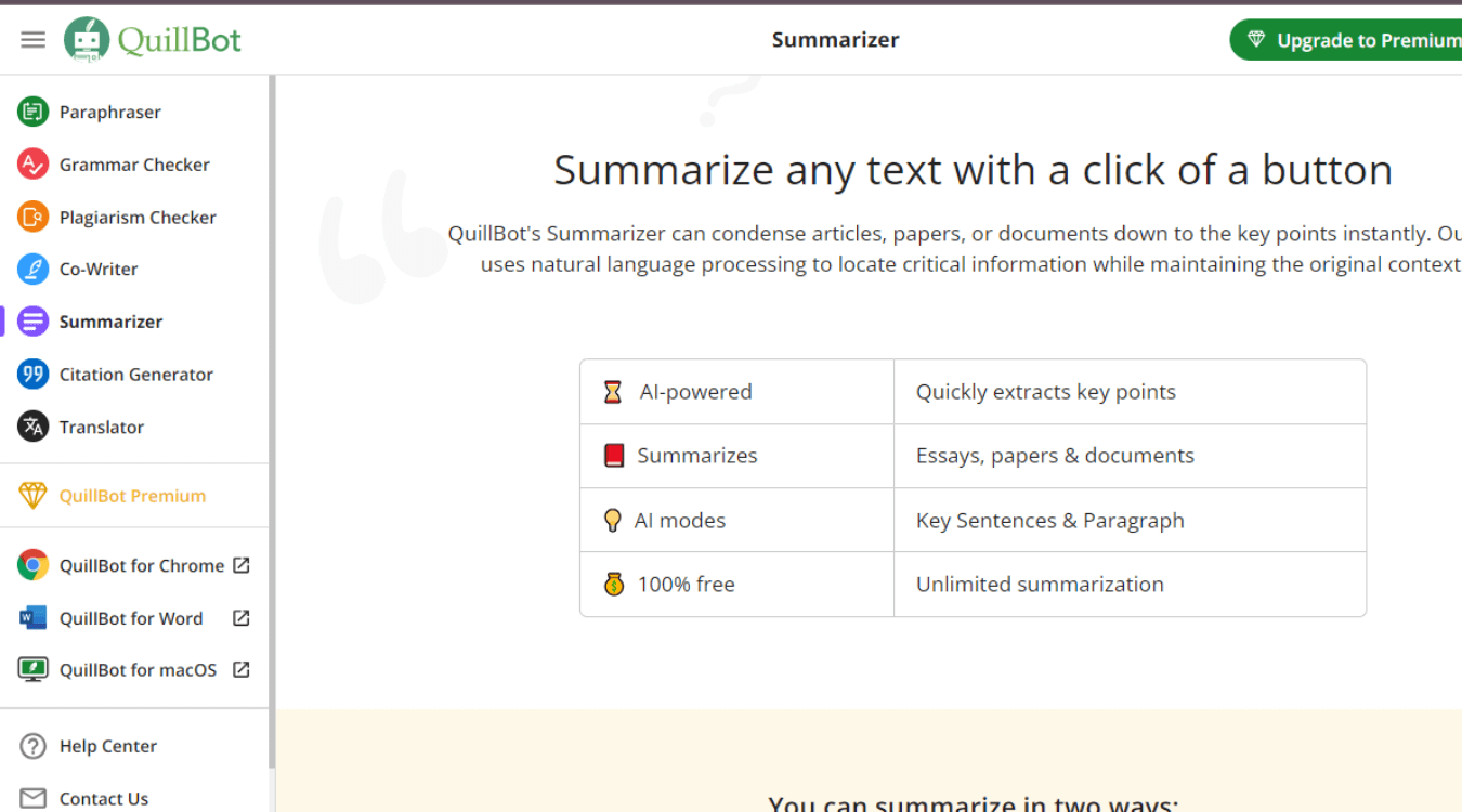 QuillBot paragraphing and summarizing tool