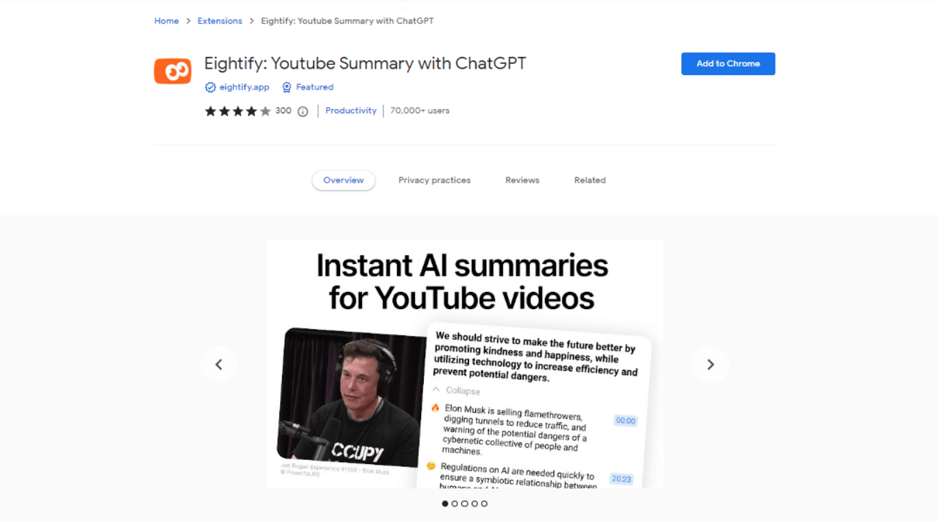 Eightify summarizer for YouTube videos