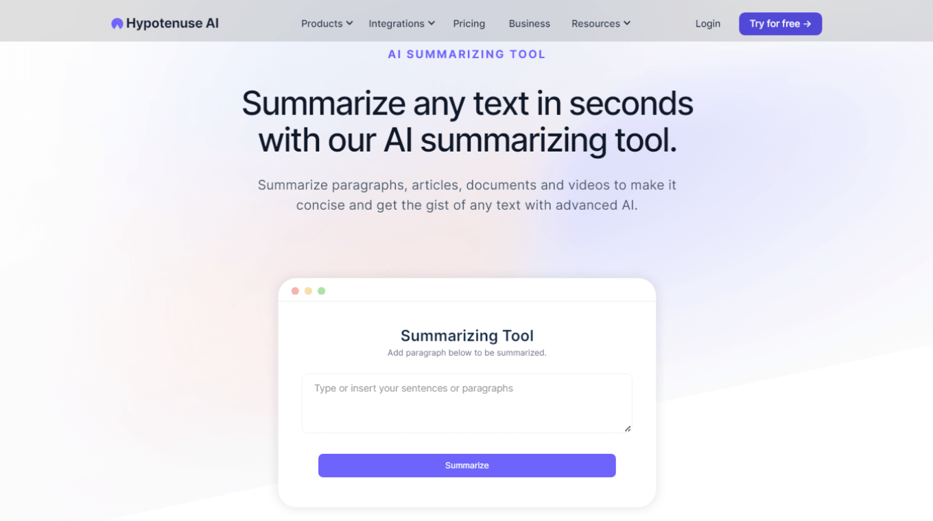 Hypotenuse AI summarizing tool for eCommerce