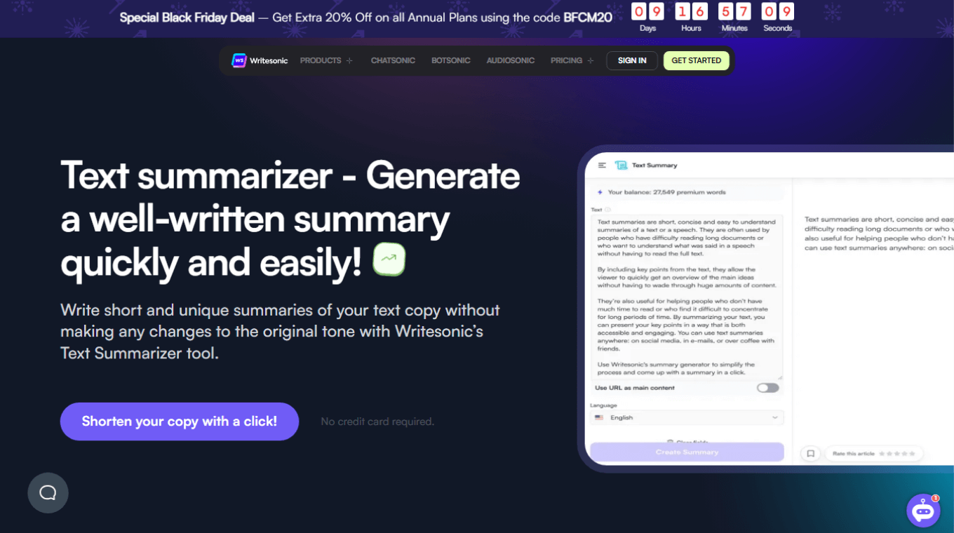 Writesonic text summarizer tool