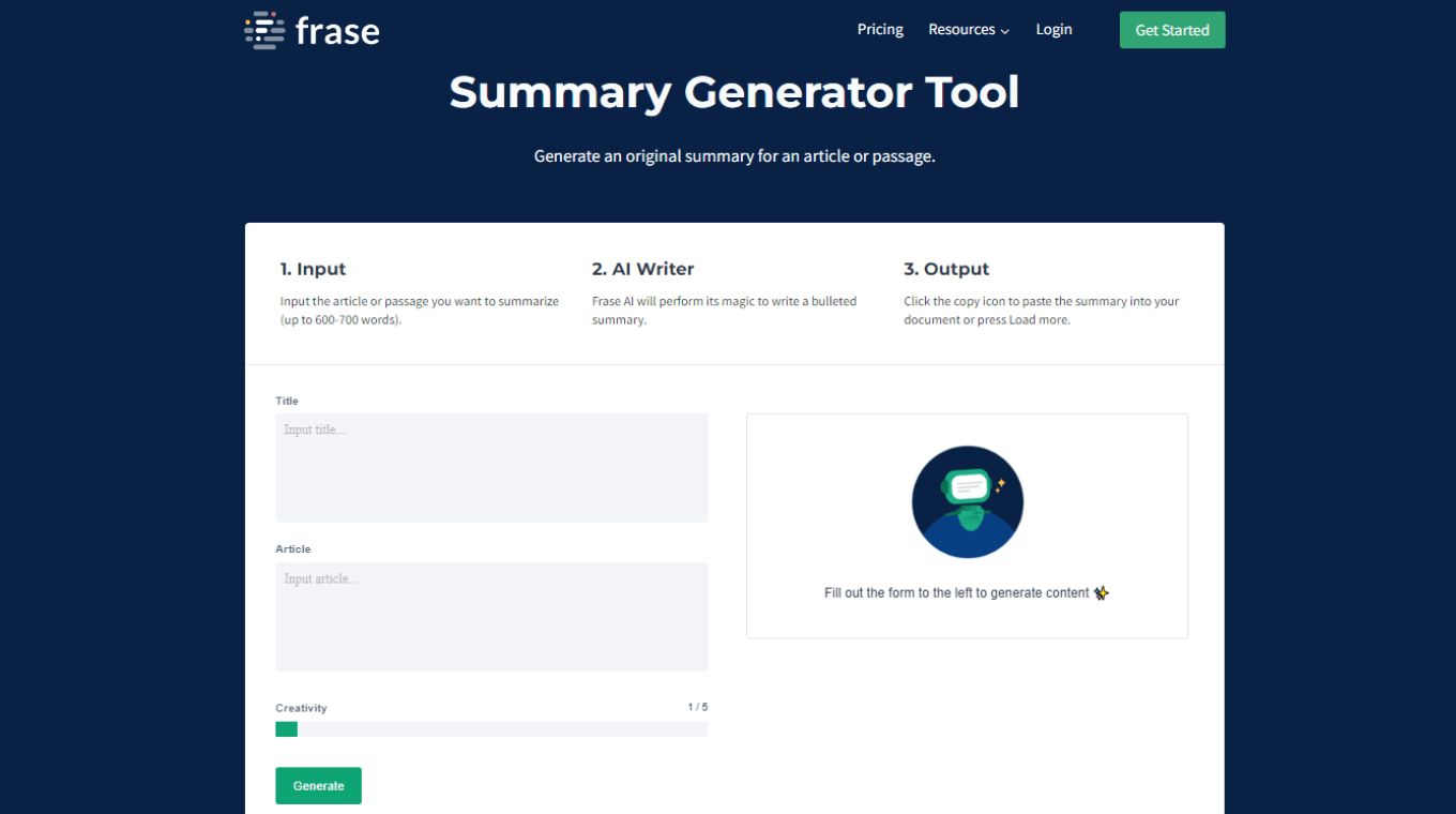 Frase summary generator tool for SEO summaries
