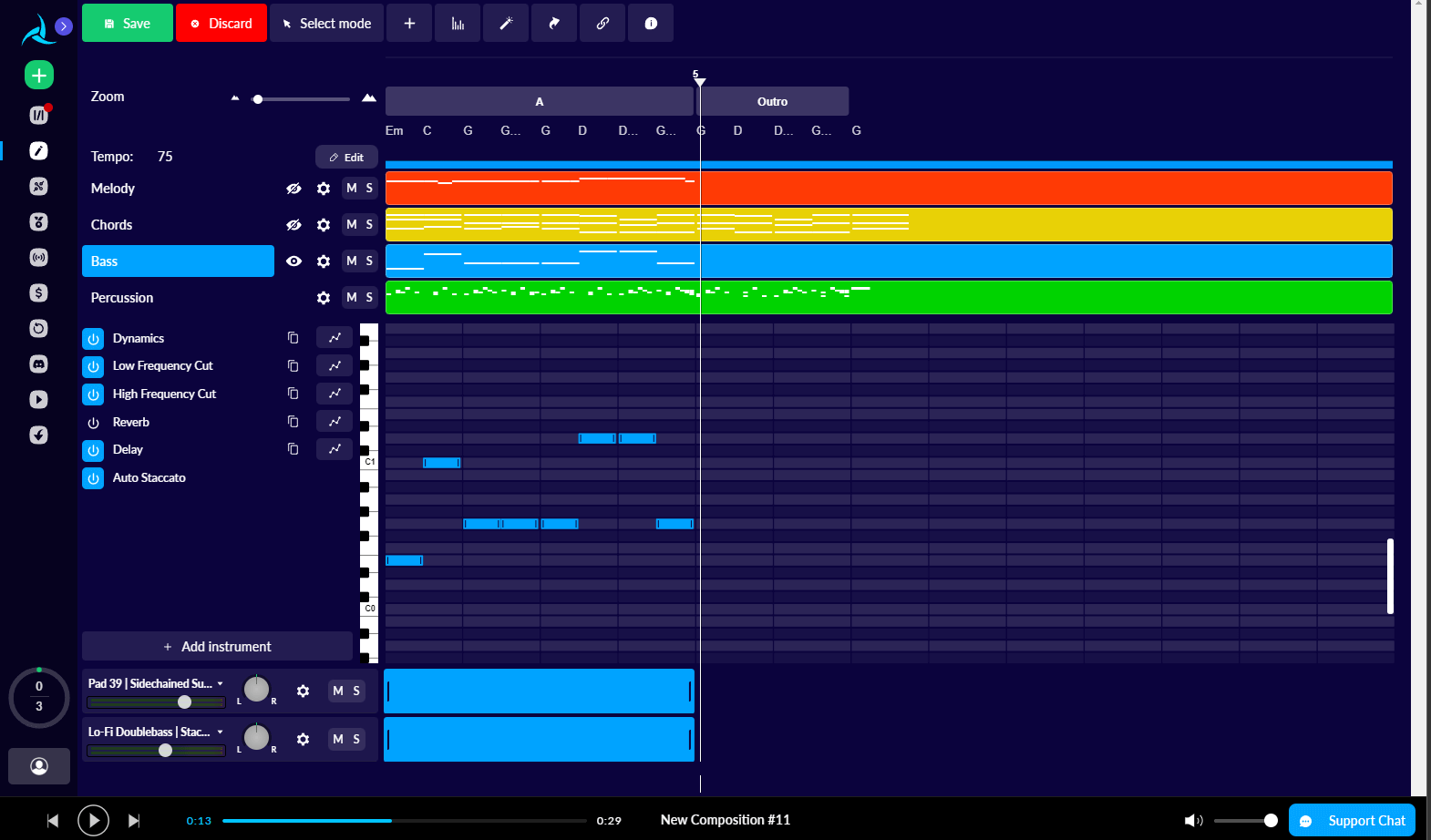 AIVA’s comprehensive multi-track music editor