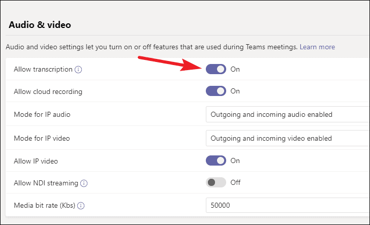 allow microsoft teams meeting transcription