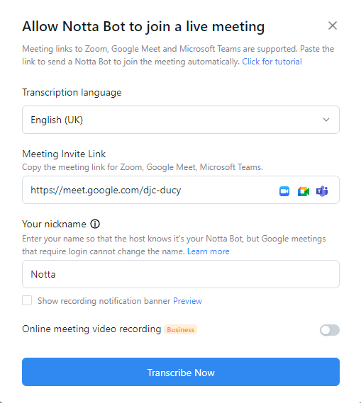 allow Notta bot to join a live meeting