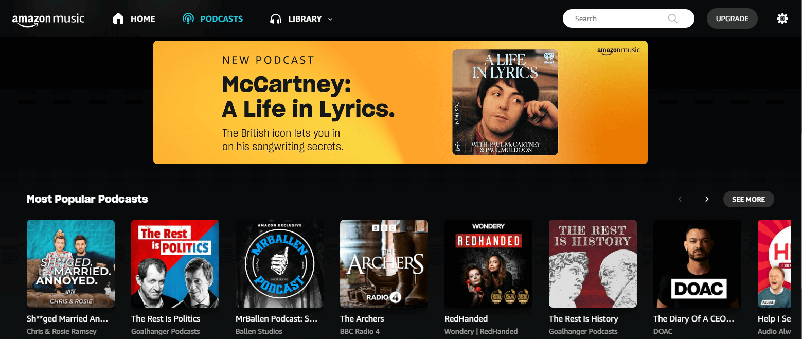 Amazon Music’s podcast discovery page