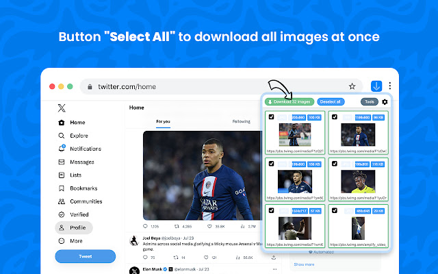 An arrow pointing to a button that will download 32 image from a Twitter feed