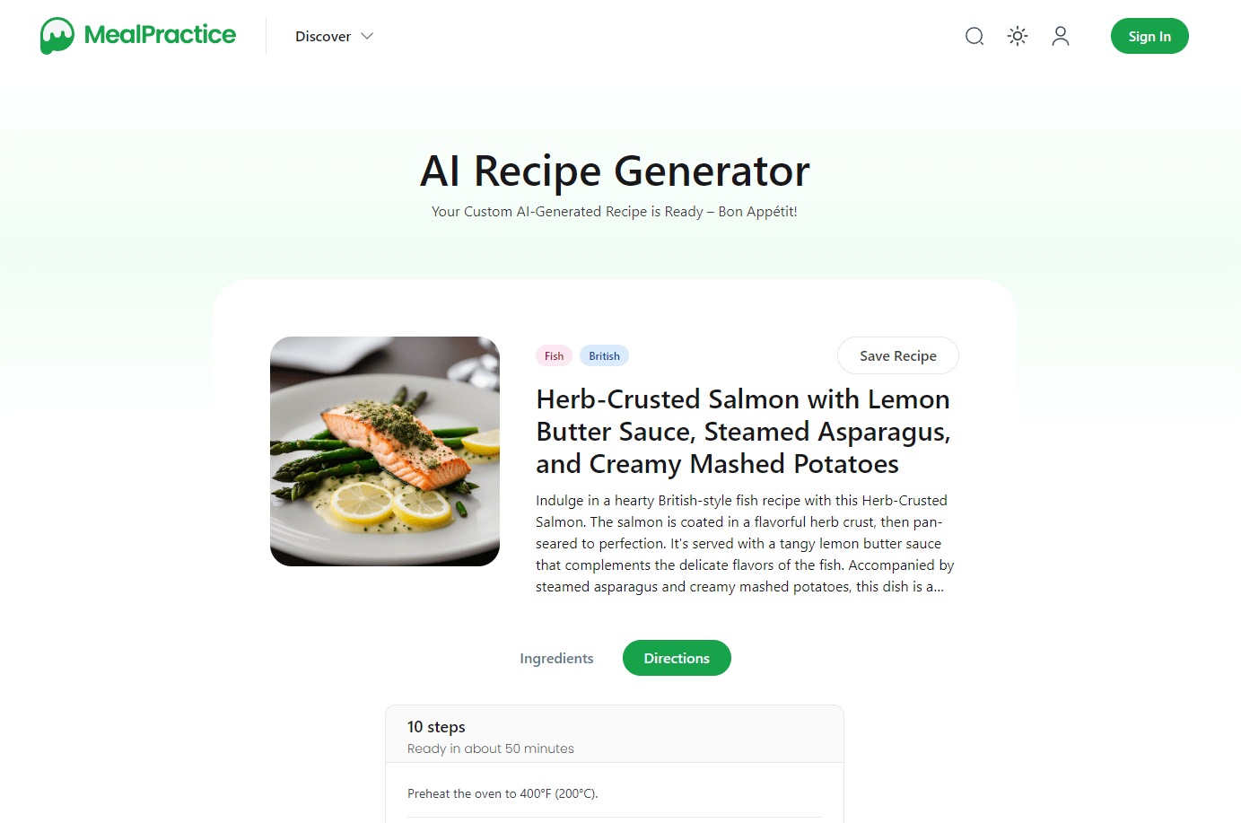 An AI generated recipe made with MealPractice