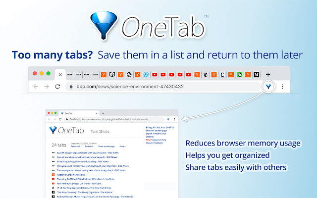An arrow pointing at a OneTab instance with 24 saved tabs